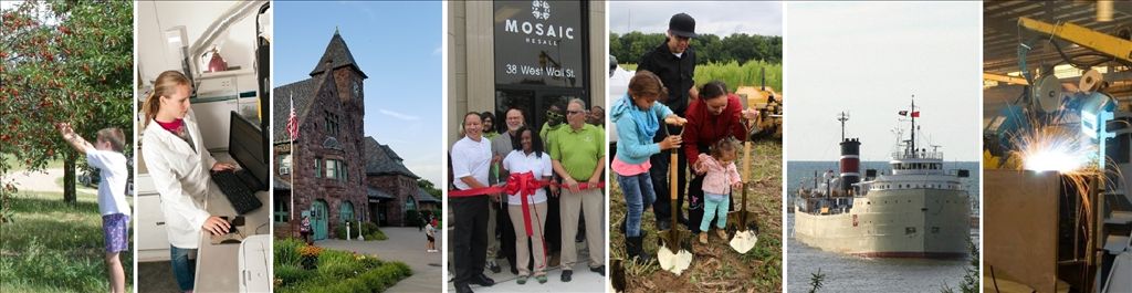Left to right: Agritourism cherry picking; New Age/Landmark, South Haven; Niles Amtrak Station; Mosaic Ribbon-Cutting Ceremony, Benton Harbor; Pokégnek Édawat Groundbreaking, Hartford; Twin Cities Harbor; and K&M Machine Fabricating, Cassopolis